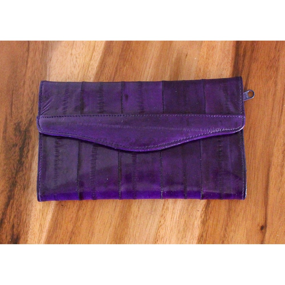 Lee Sands Wallet Purple Eel Skin Snap Trifold Zip Coin Clutch Vintage